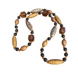 Vintage Amber Lucite Beaded Necklace Carved Tribal Boho Black Estate No Clasp